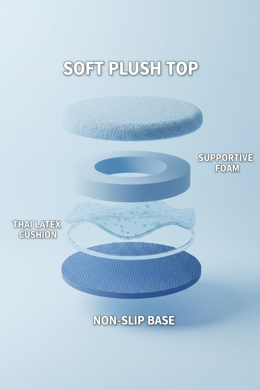 Exploded view of pet bed layers including plush top, foam, latex cushion, and non-slip base