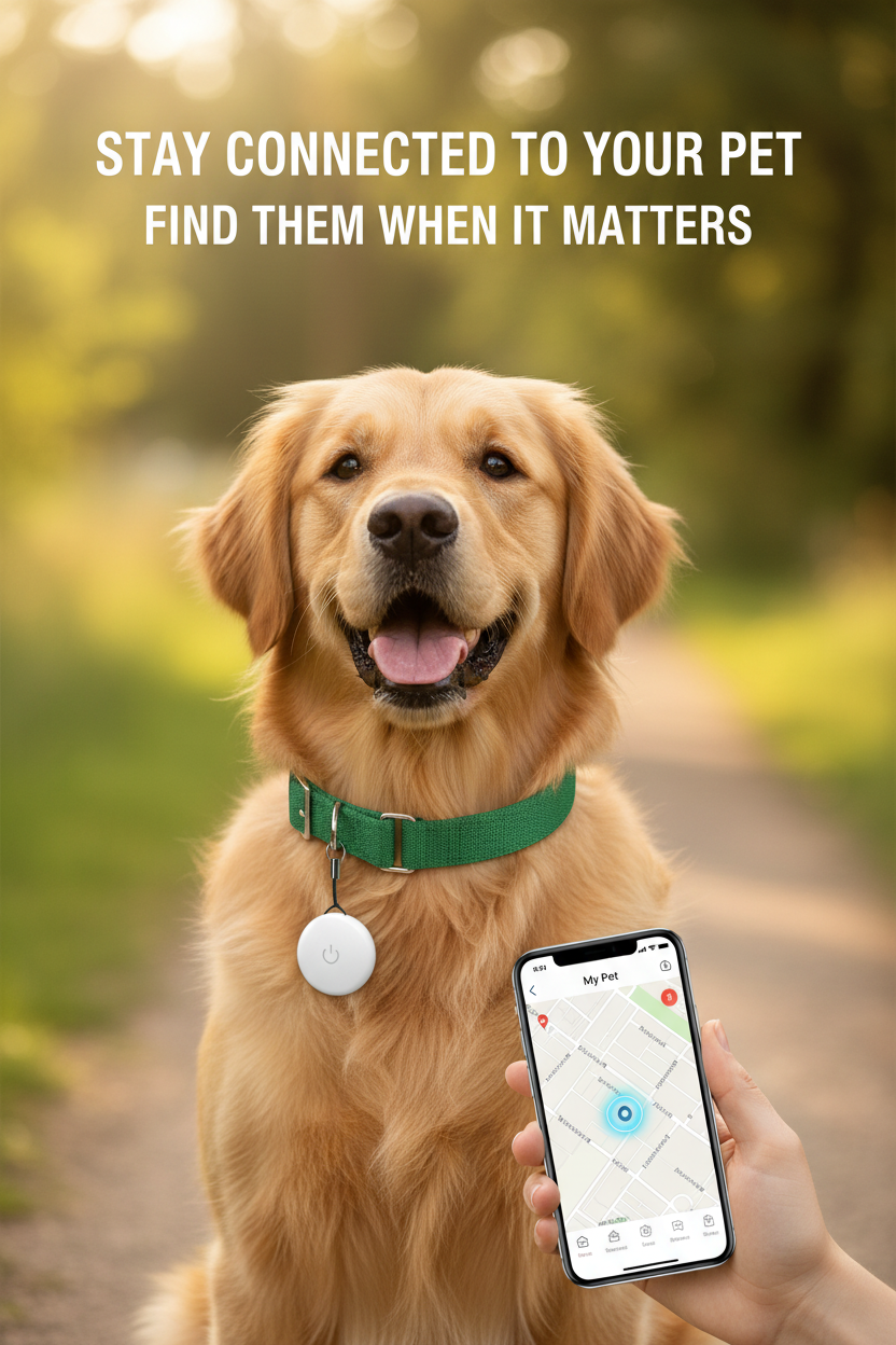 Dog wearing a collar with a pet tracker while an owner checks a phone