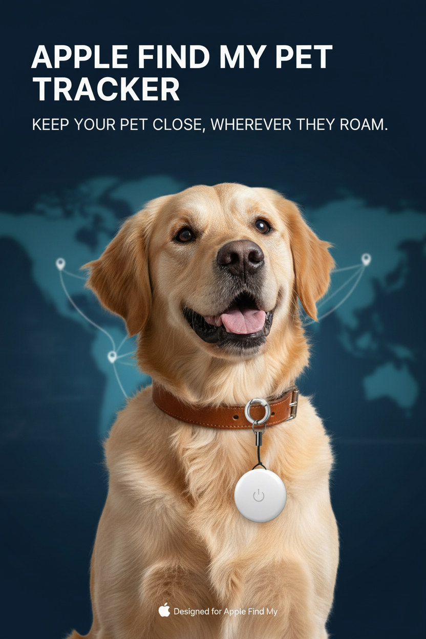 Round pet tracker attached to a dog collar