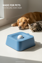 Blue interactive pet toy with a relaxed dog and cat