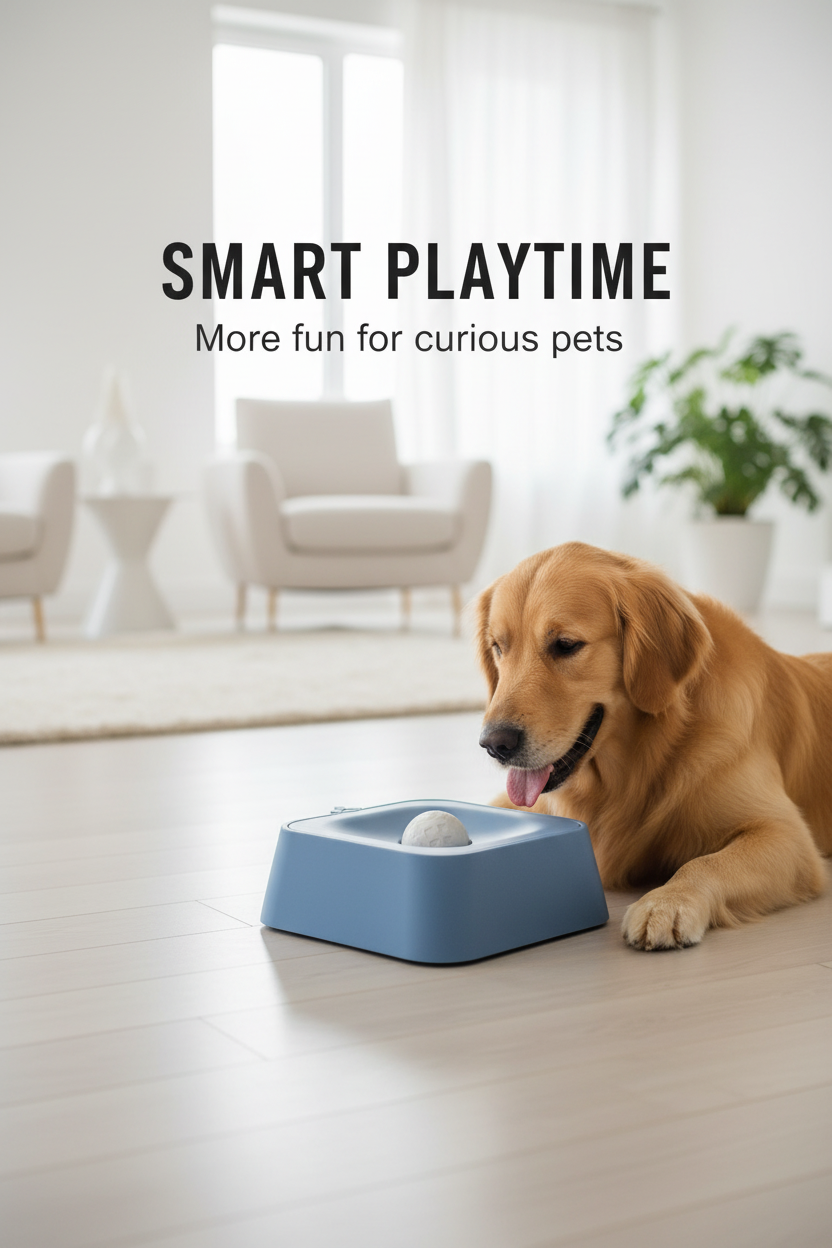 Golden retriever engaging with the blue interactive pet toy indoors