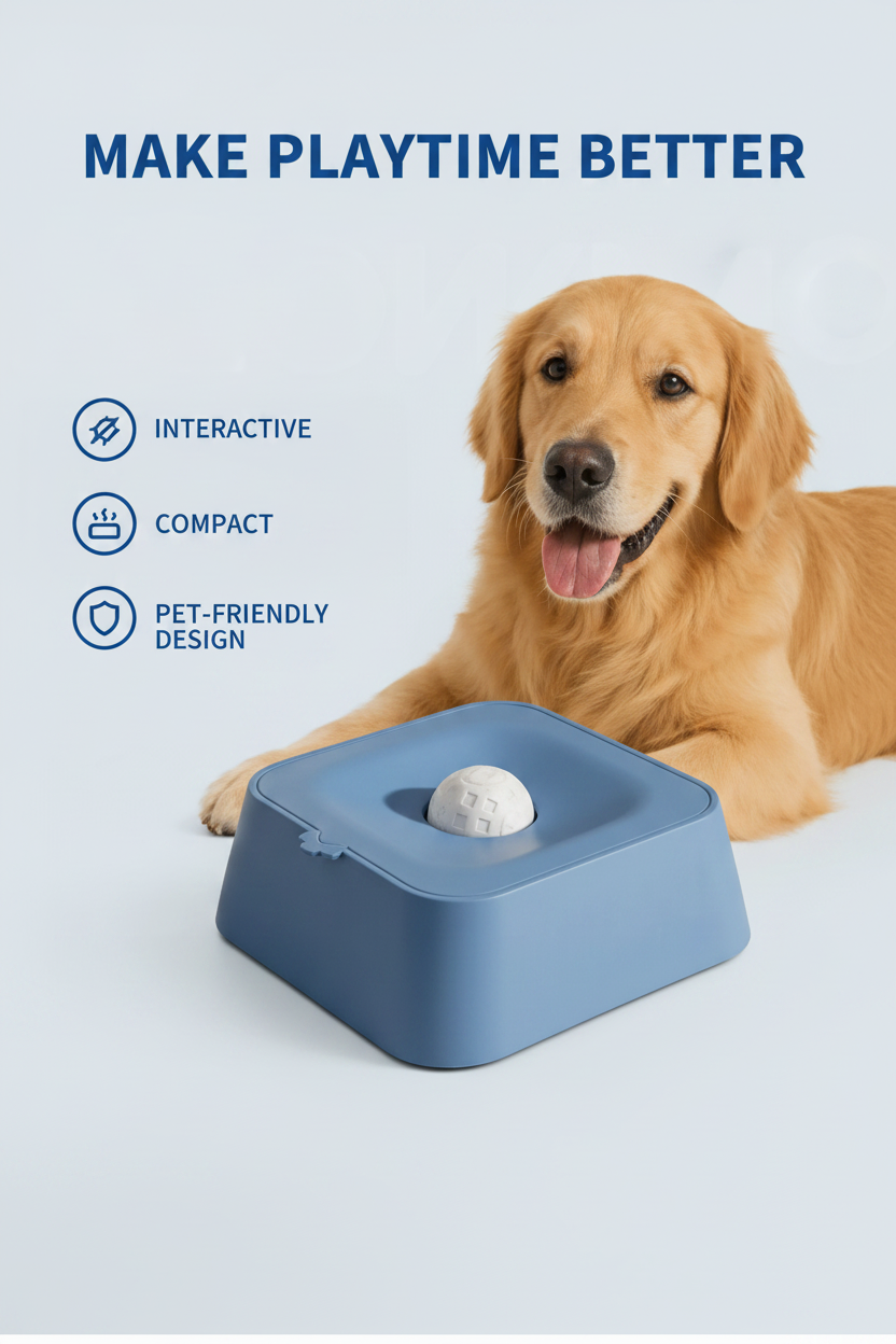 Blue interactive pet toy with feature callouts beside a happy dog