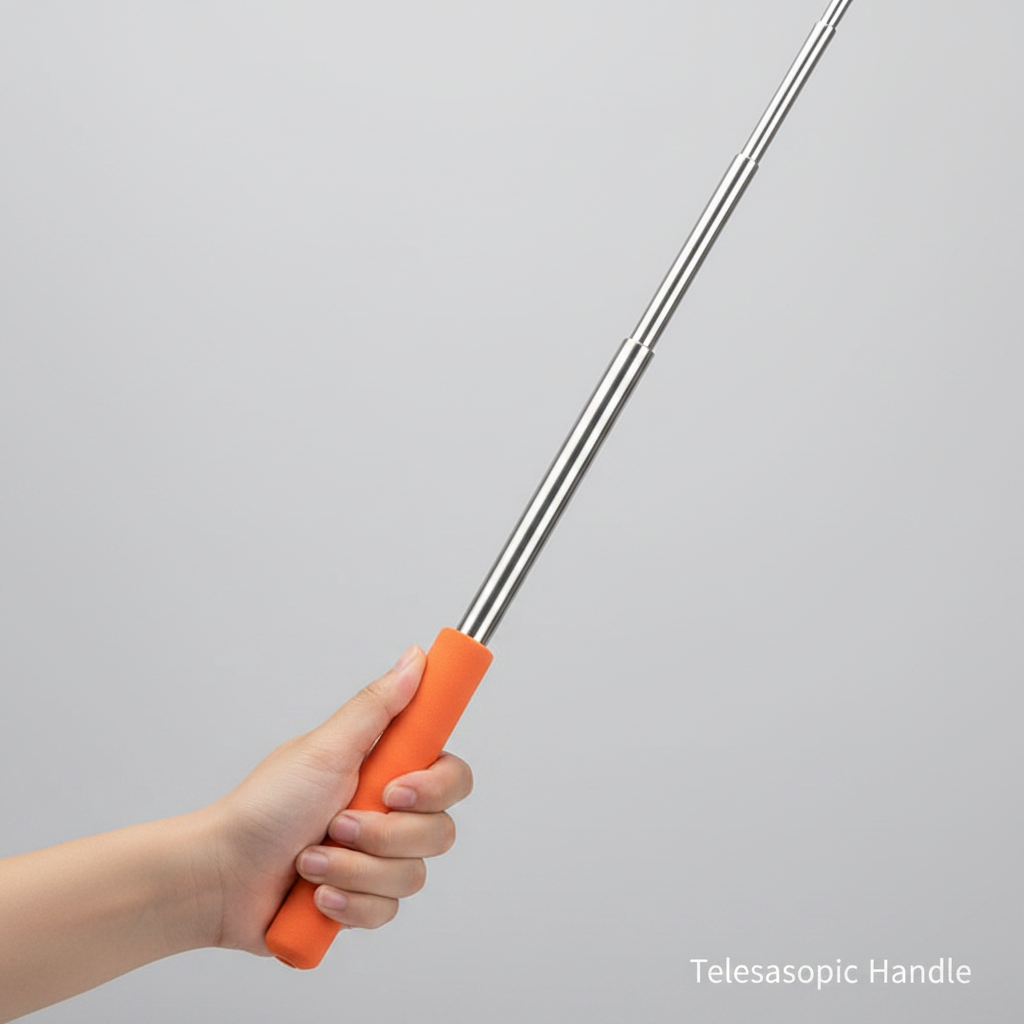 Close-up of the telescopic stainless steel handle being extended