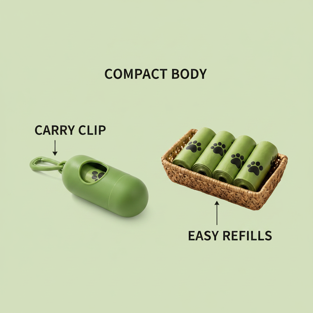 Green pet waste bag dispenser and refill rolls with English product feature labels