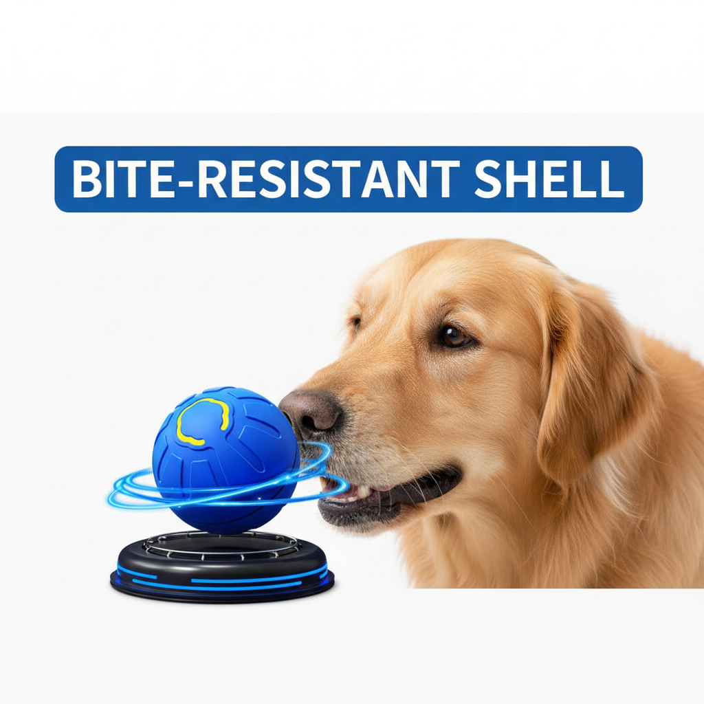 Dog playing with a blue ball featuring a bite-resistant shell