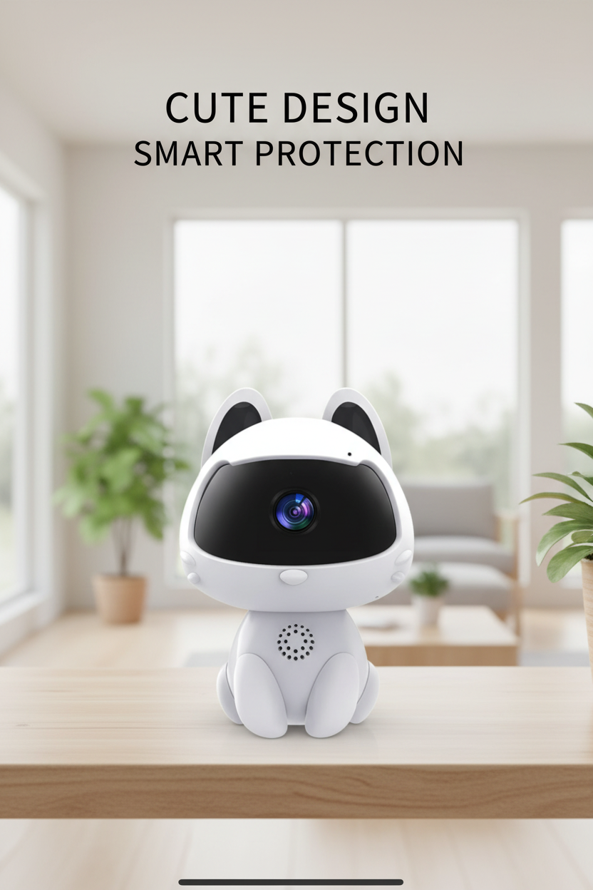 Cute white V380 Pro pet camera in a bright home