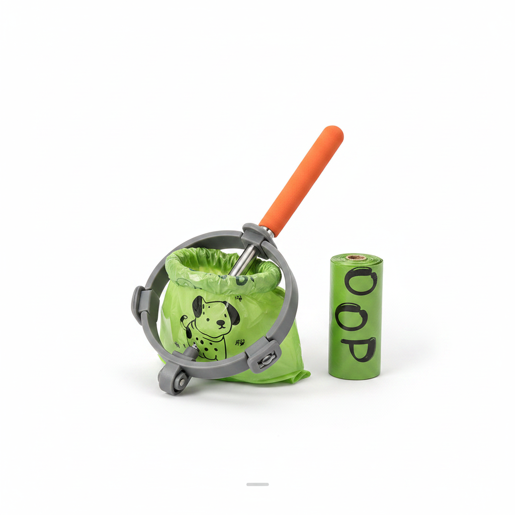 Foldable long handle pet pooper scooper set with 6 waste bag rolls on white background