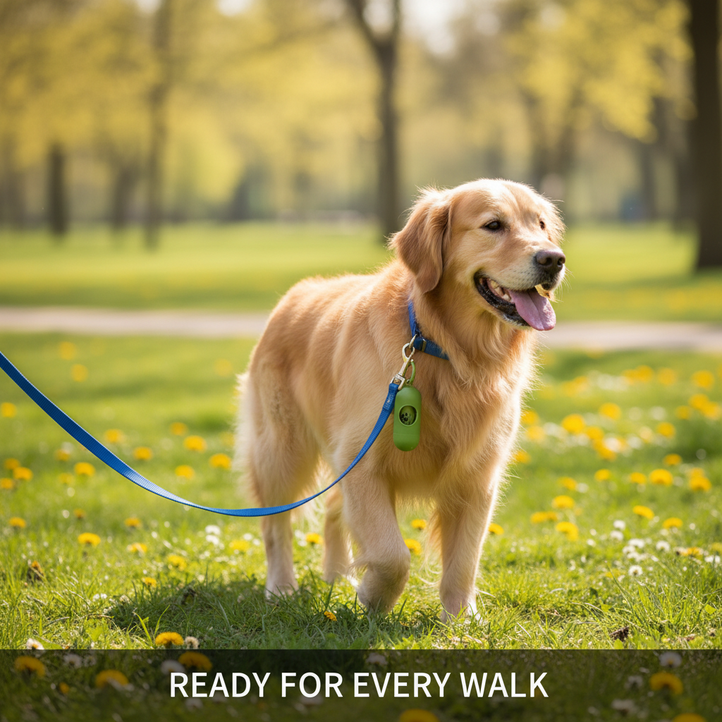 Green pet waste bag dispenser clipped to a leash beside a golden retriever