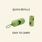 Green pet waste bag dispenser and refill roll with English quick refills text