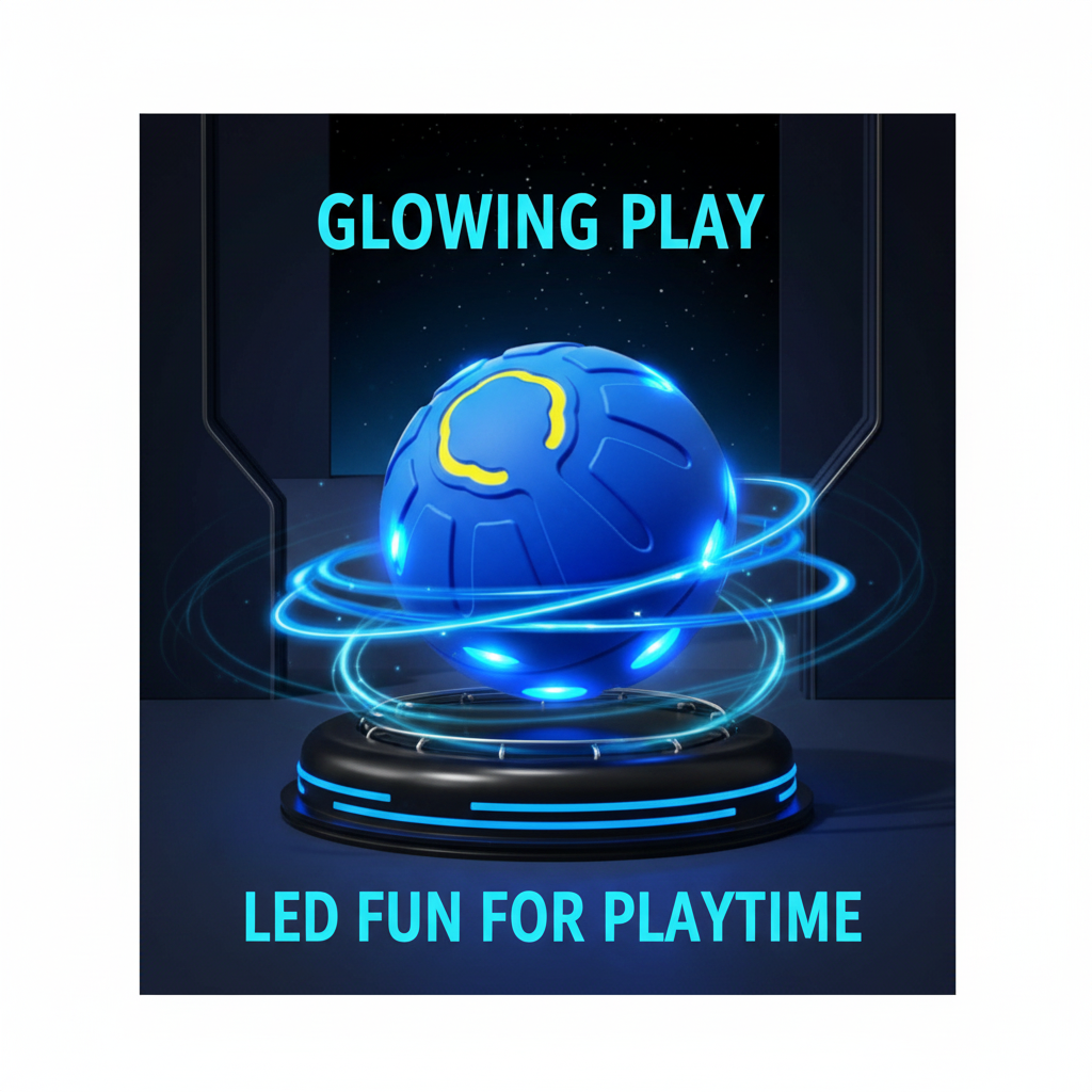 Glowing blue interactive dog ball in a premium dark studio