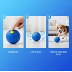 Three steps showing how to use the smart bouncing dog ball