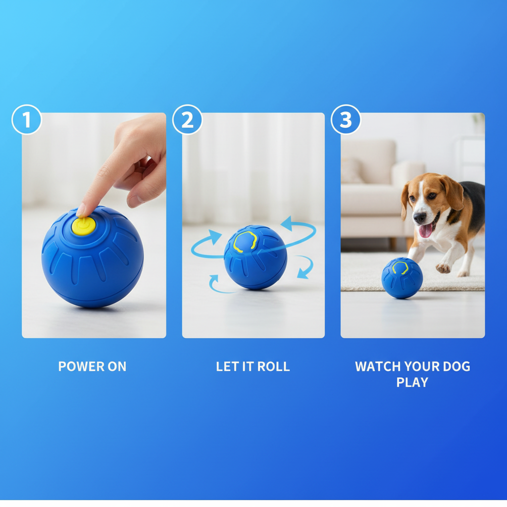 Three steps showing how to use the smart bouncing dog ball