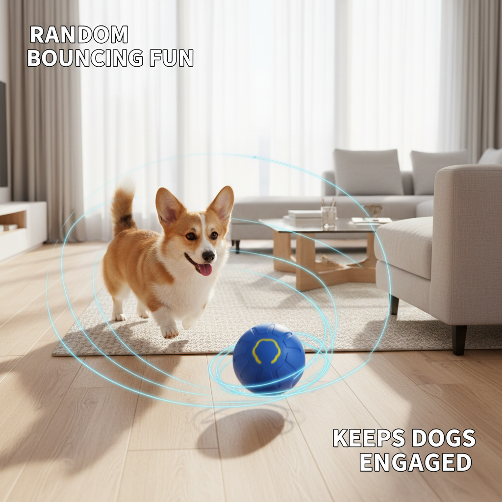 Happy dog chasing a randomly bouncing blue toy ball