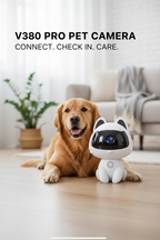 V380 Pro pet camera beside a happy dog