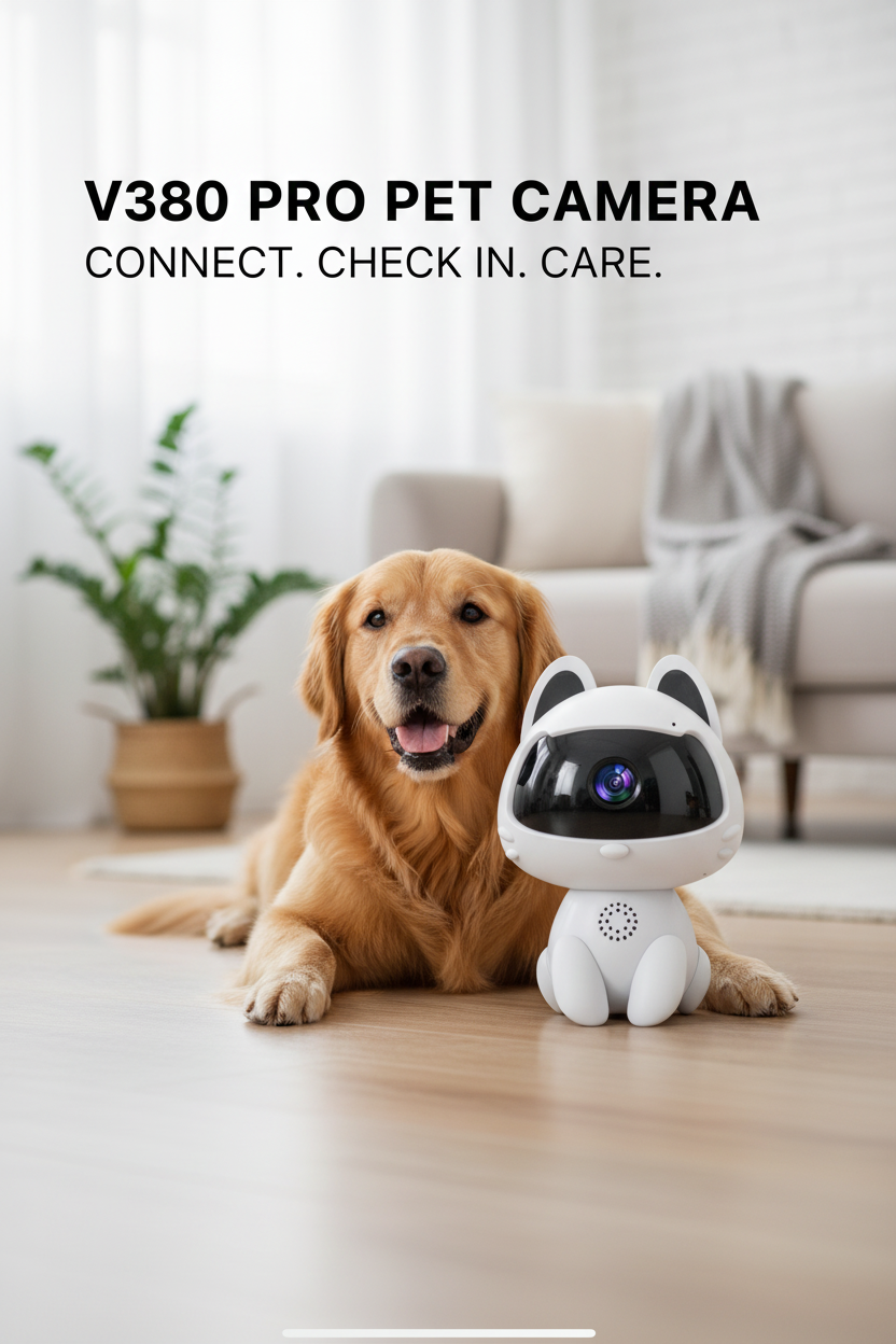 V380 Pro pet camera beside a happy dog