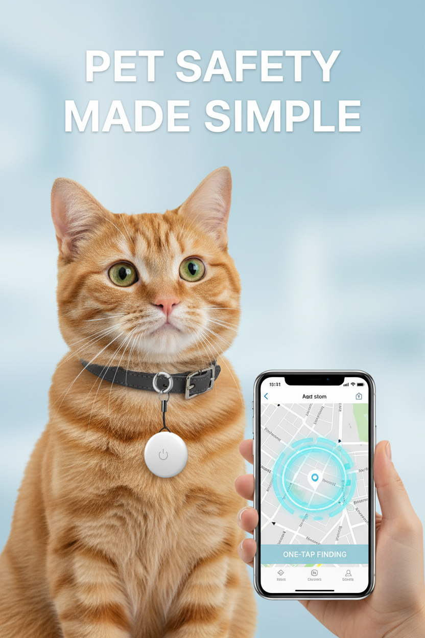 Round pet tracker attached to a cat collar with a location signal