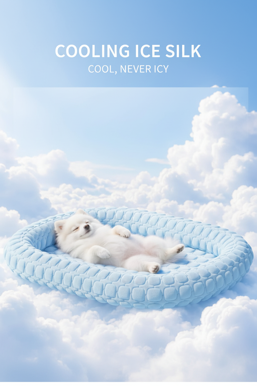 Dog relaxing on a cooling ice-silk pet bed