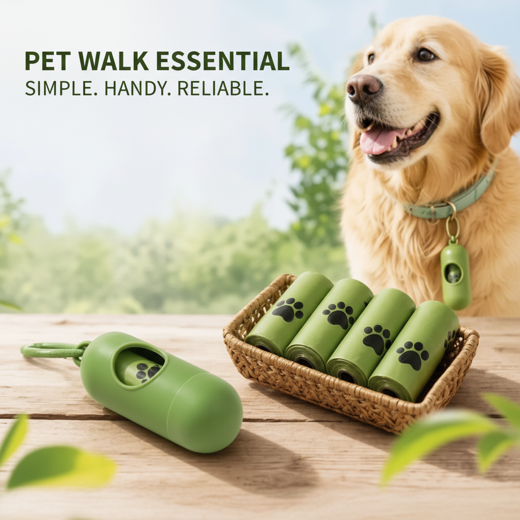 Green pet waste bag dispenser and refill rolls with a dog in the background