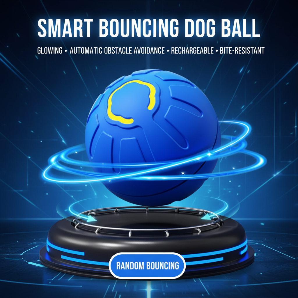 Smart blue bouncing dog ball with glowing rings and black base
