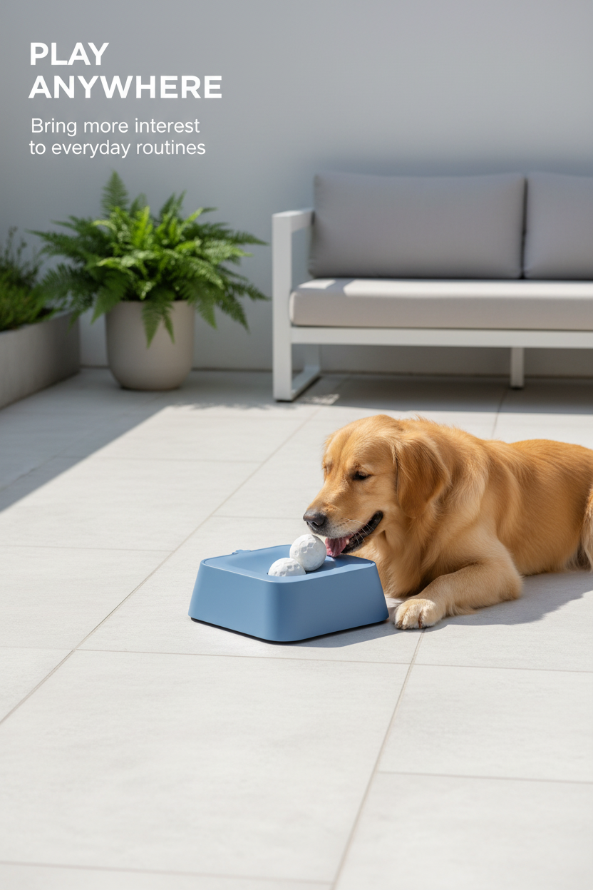 Dog playing with the blue interactive pet toy in a bright indoor setting