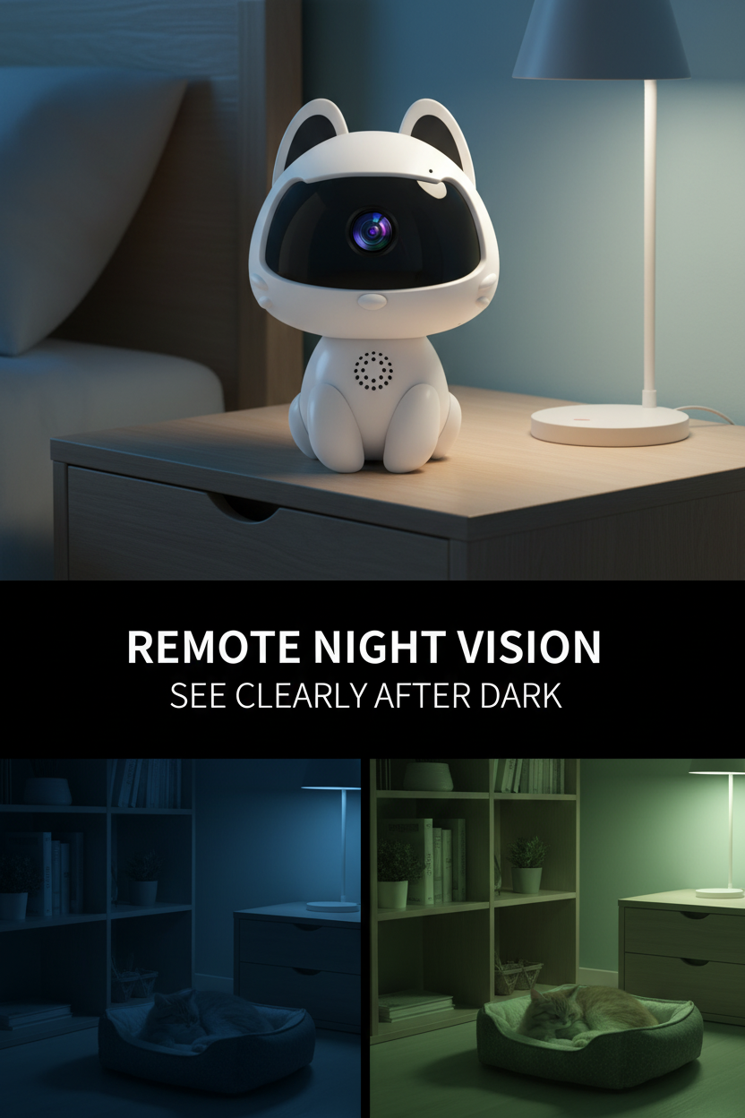 V380 Pro pet camera monitoring a room at night
