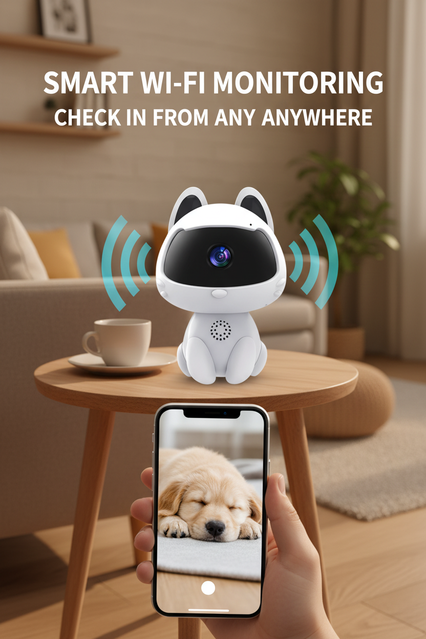 V380 Pro Wi-Fi pet camera connected to a phone