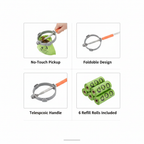 Feature grid: no-touch pickup, foldable design, telescopic handle, 6 refill rolls