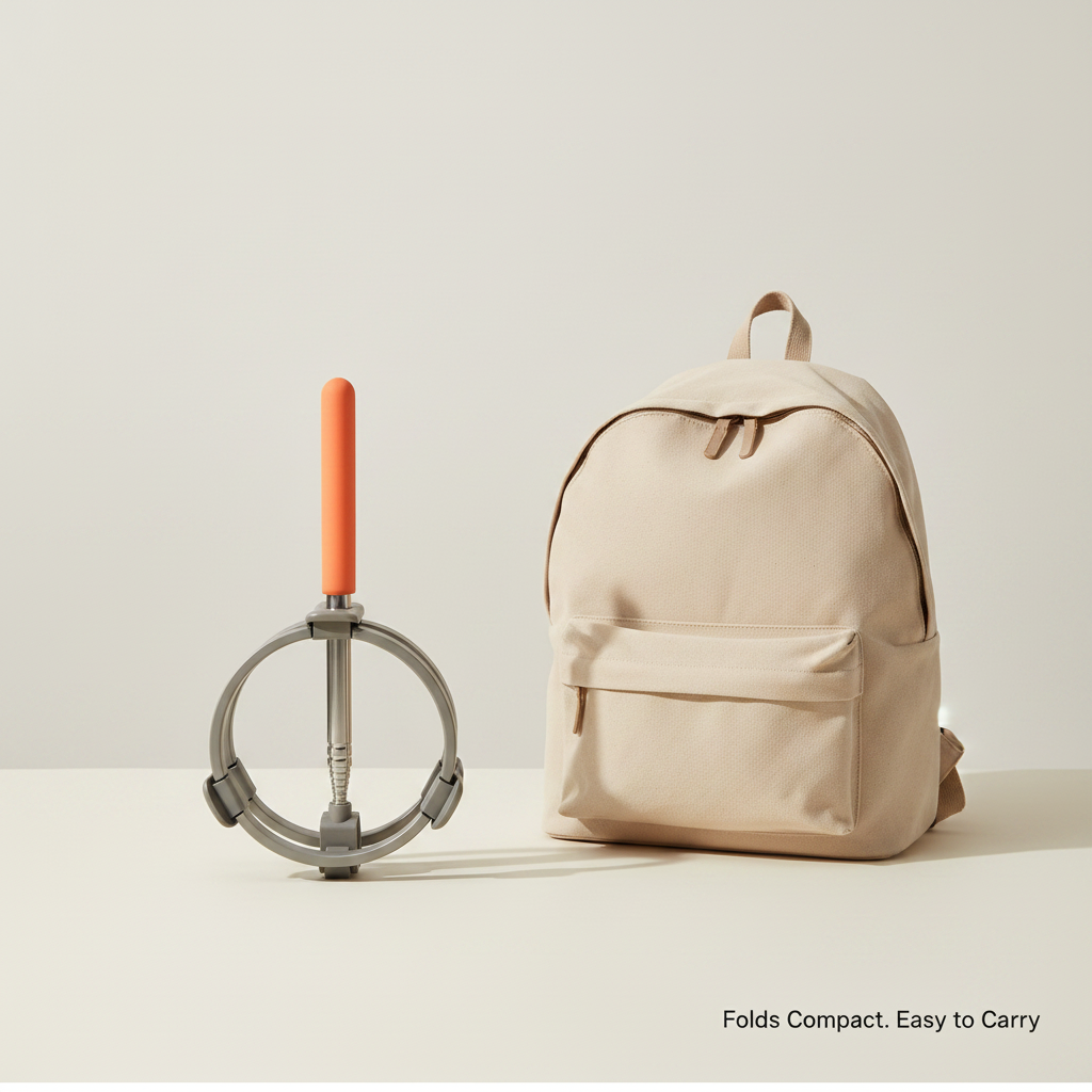 Pooper scooper folded compact next to a backpack for easy carrying