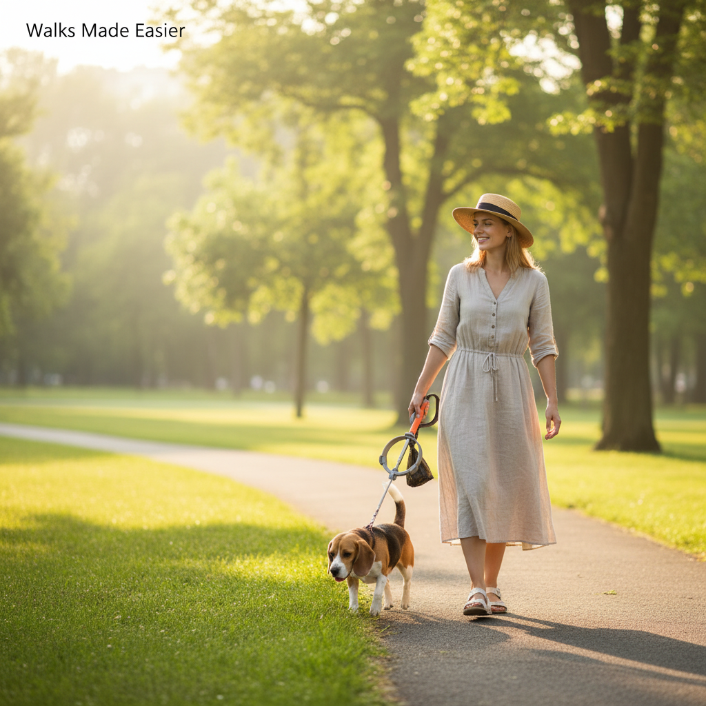 Woman walking a beagle in the park holding the pooper scooper