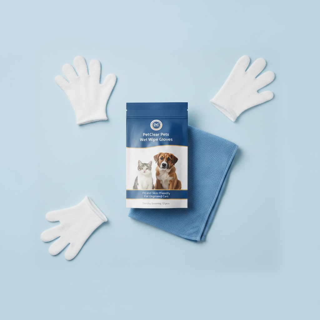 PetClear pet wet wipe gloves product flat lay