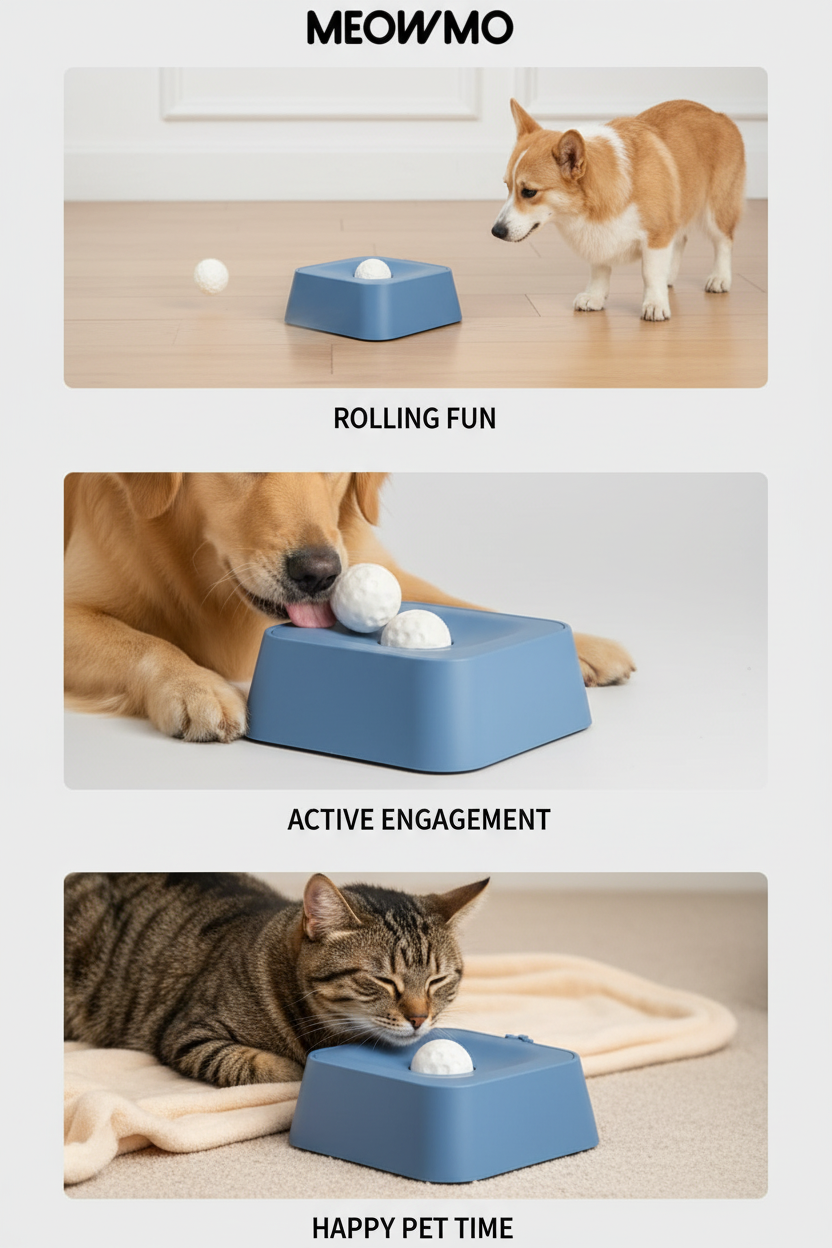 Interactive play feature panels showing dogs and a cat using the blue pet toy