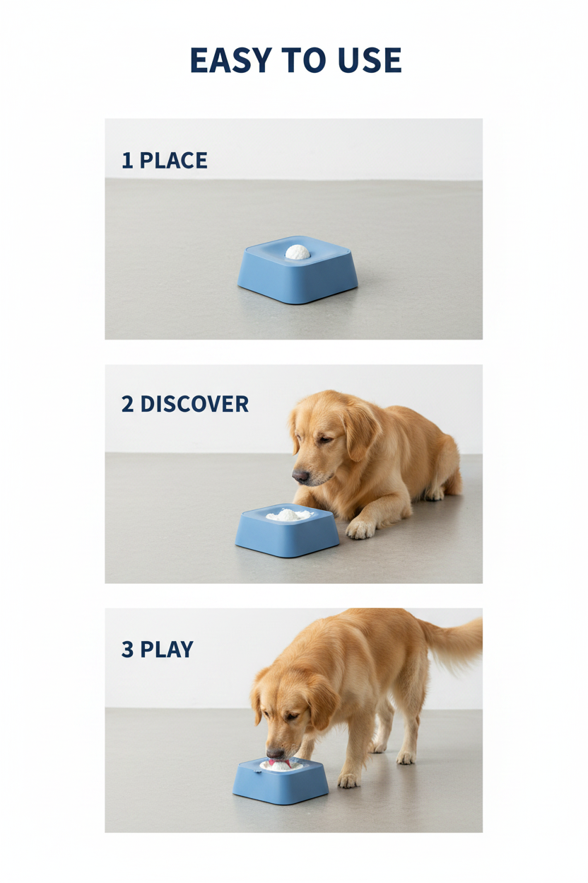 Three steps showing how to place, introduce, and play with the blue pet toy