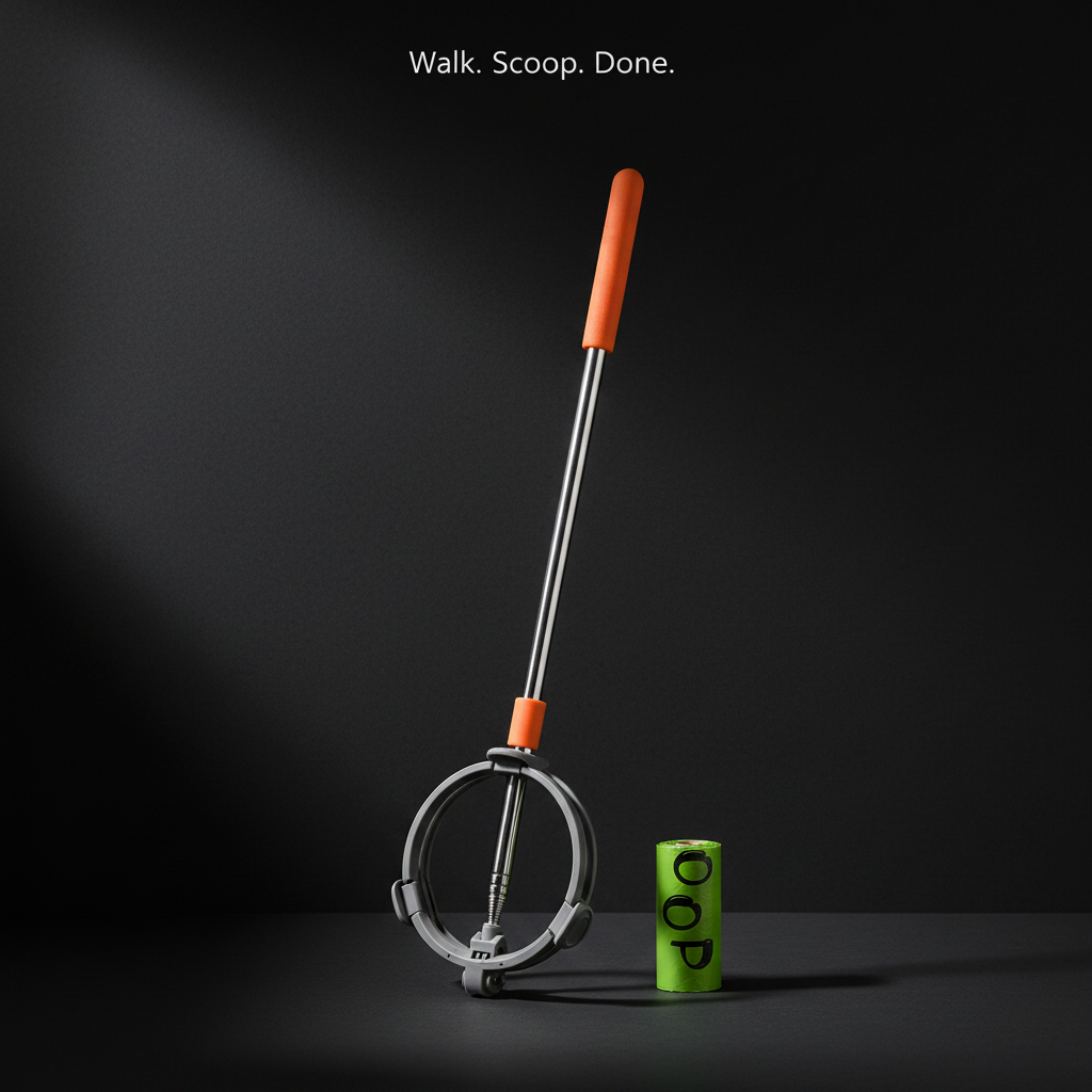 Pooper scooper on dark premium background with waste bag roll