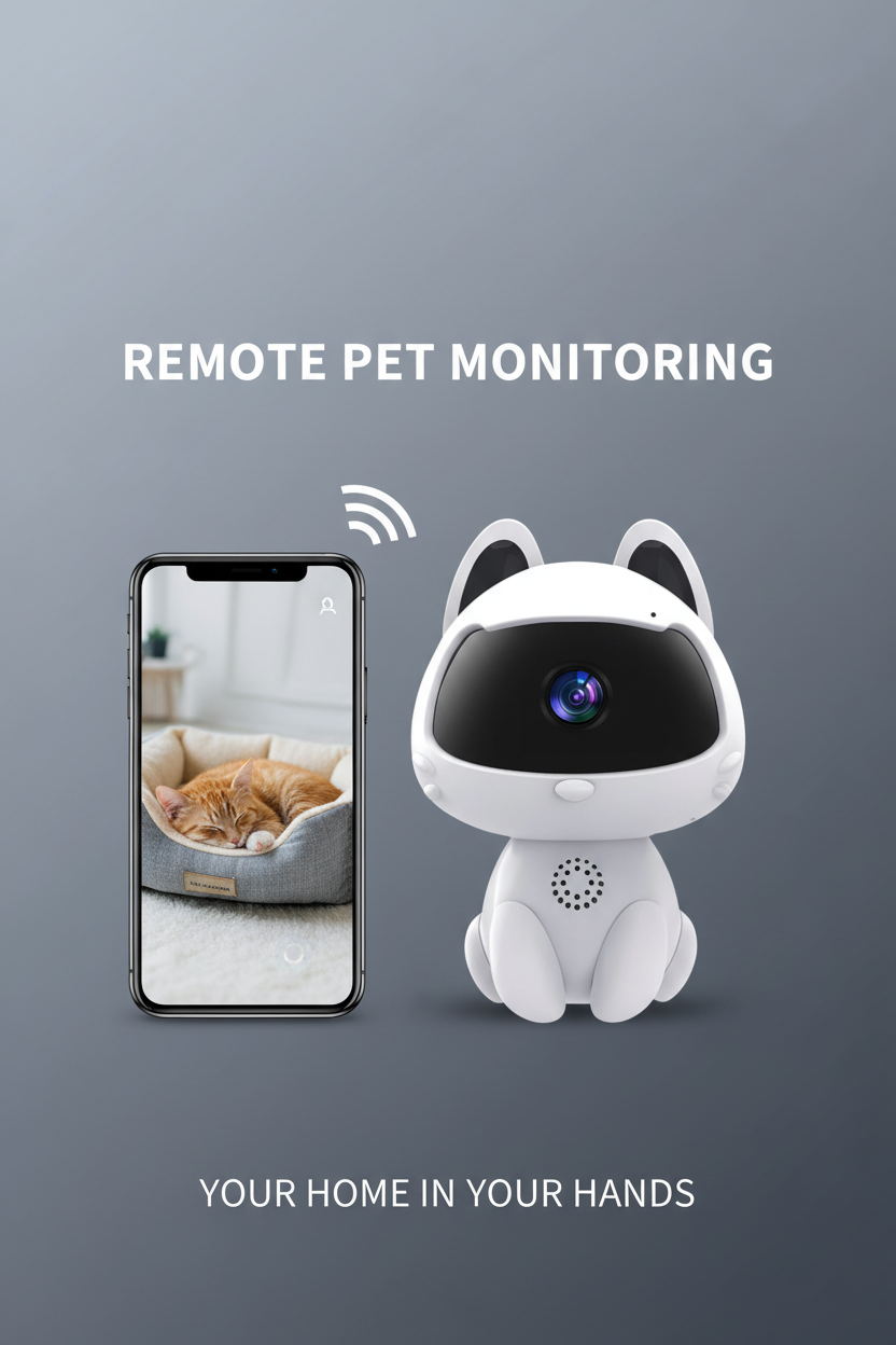 V380 Pro pet camera and smartphone showing a pet