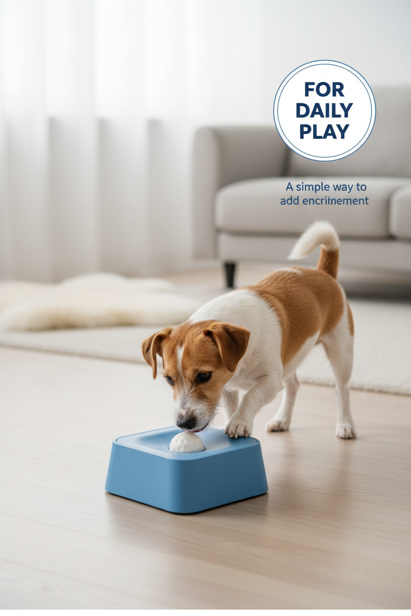 Small dog discovering the blue interactive pet toy