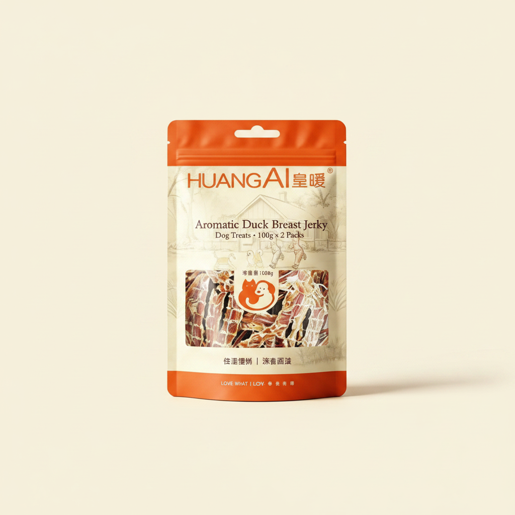 HuangAi aromatic duck breast jerky dog treats in a resealable pouch