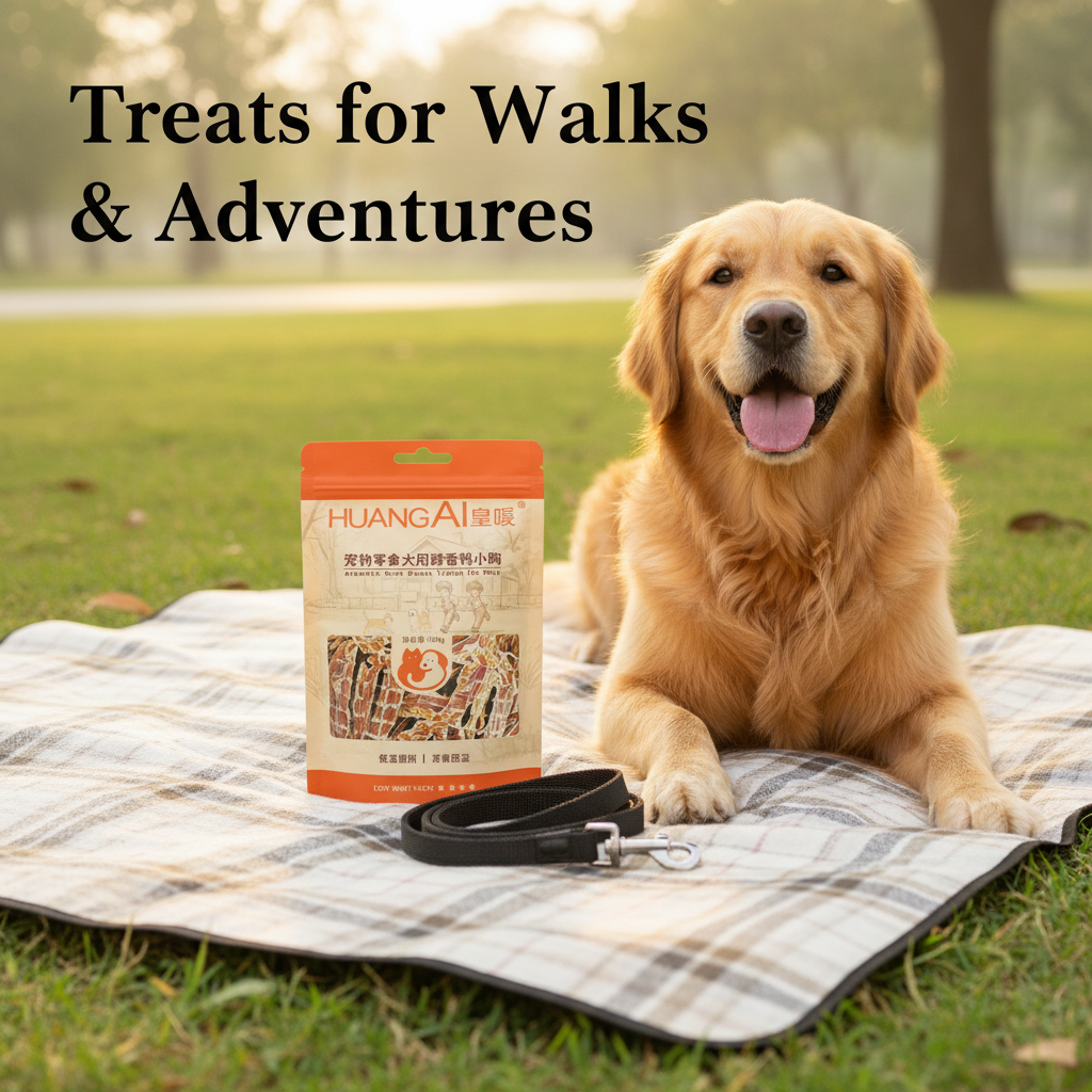 HuangAi duck breast jerky dog treats with a dog outdoors