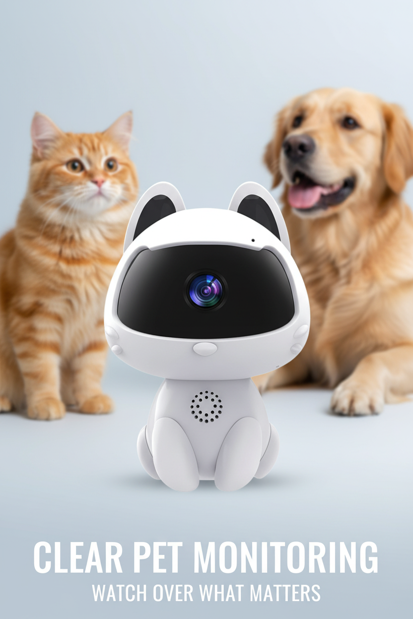 Close-up of V380 Pro pet camera lens with pets behind it