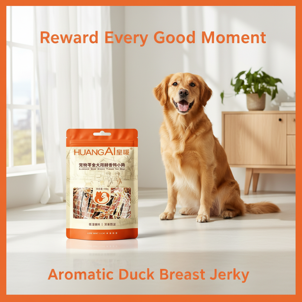 HuangAi aromatic duck breast jerky dog treats beside a happy dog
