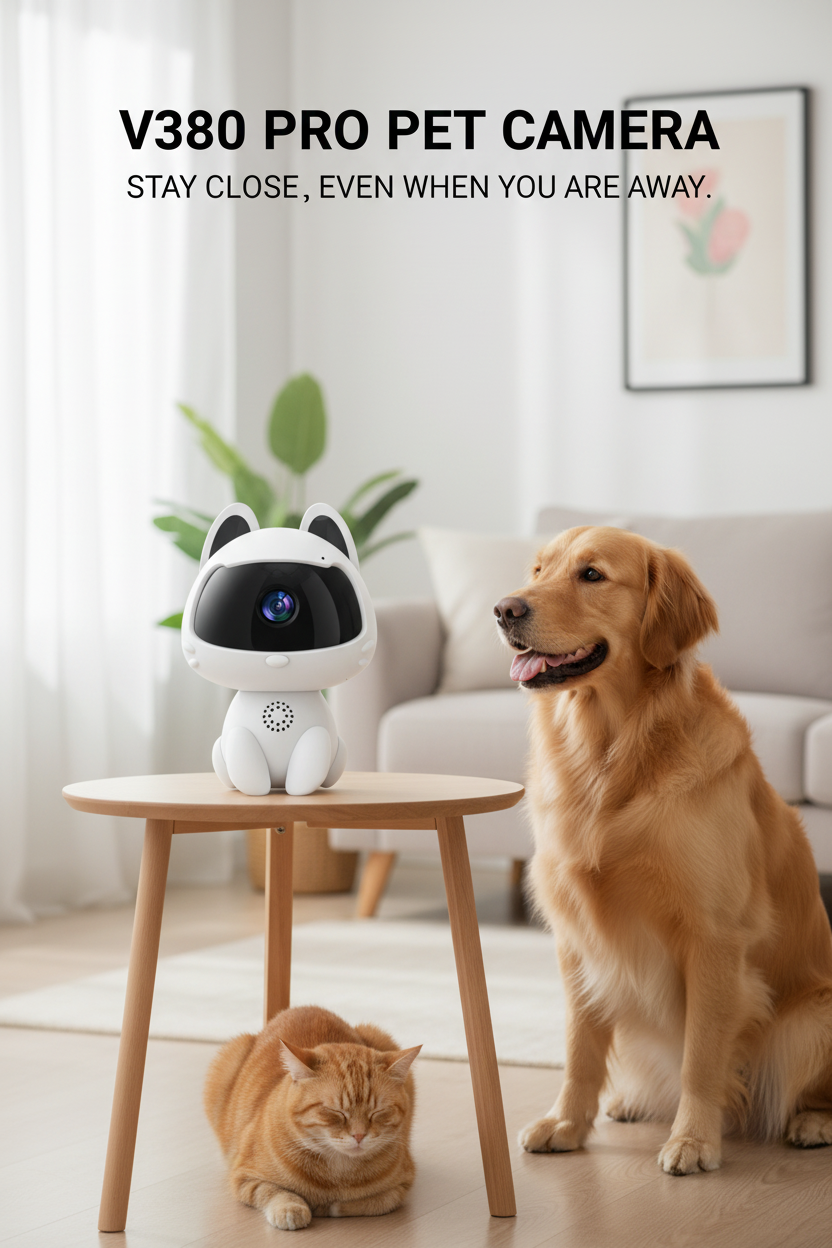 V380 Pro white pet camera with a dog and cat at home