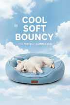 White dog relaxing on a light-blue cooling pet bed
