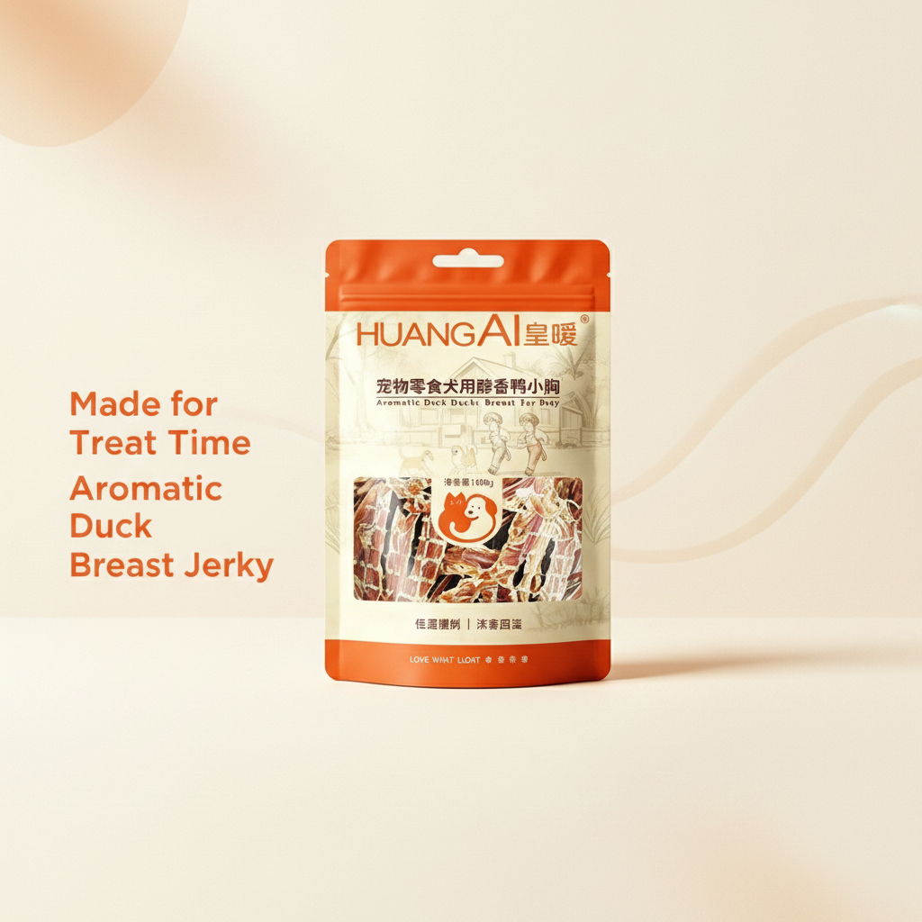HuangAi duck breast jerky dog treat pouch with English product messaging