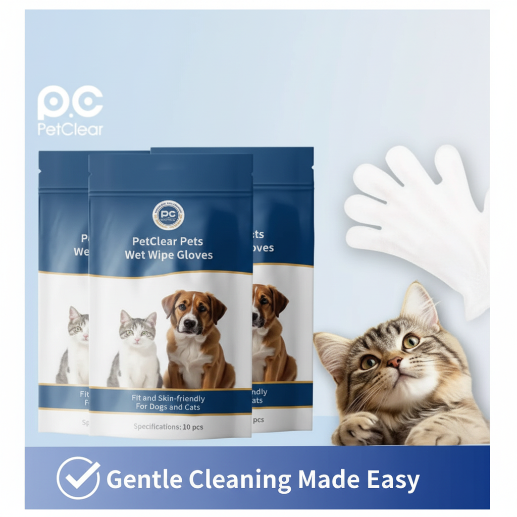 Close-up of PetClear pet wet wipe gloves and white glove