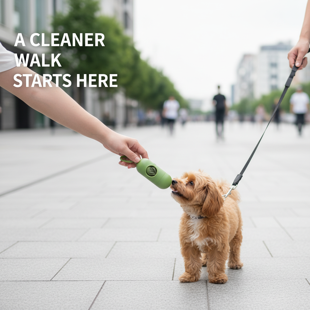 Person using a green pet waste bag dispenser while walking a dog on a city sidewalk