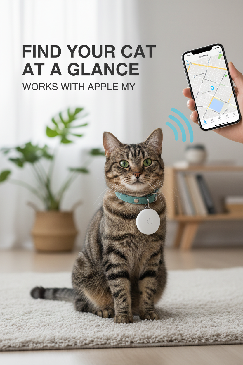 Cat wearing a collar with a round pet tracker