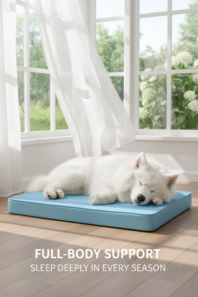 White dog sleeping on a supportive light-blue pet bed