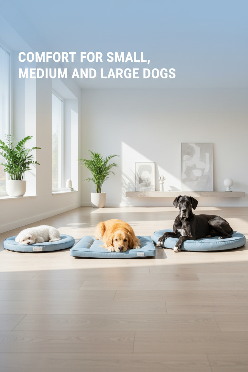 Small, medium, and large dogs resting on cooling pet beds