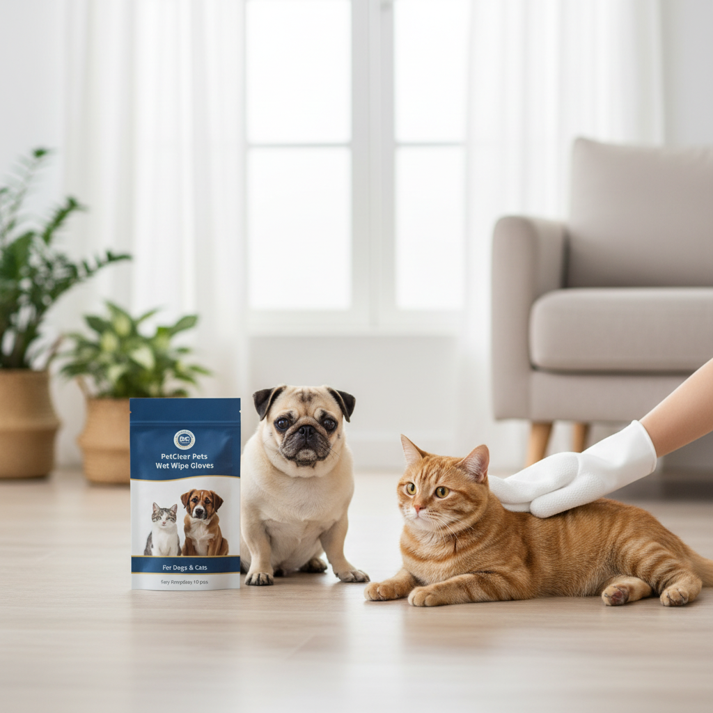 PetClear pet wet wipe gloves for dogs and cats in a home setting