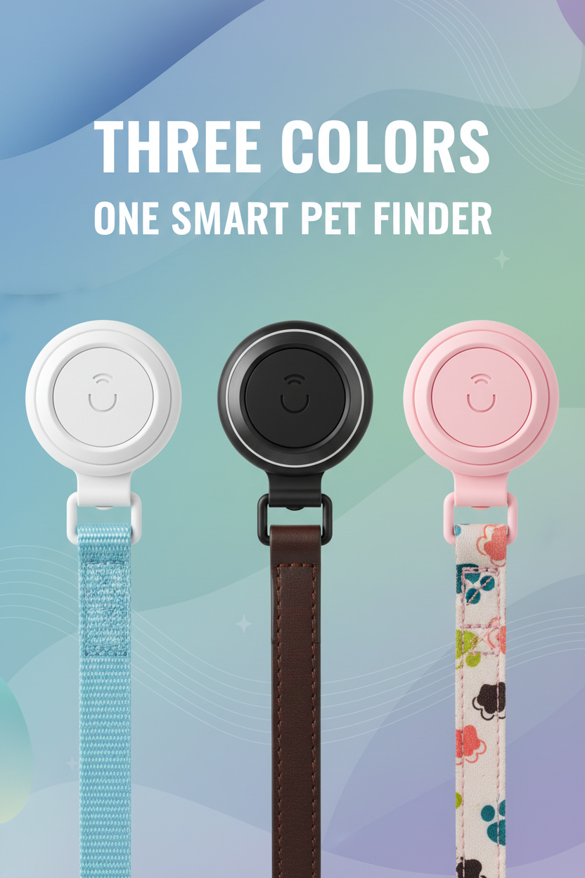 White black and pink pet trackers attached to pet collars