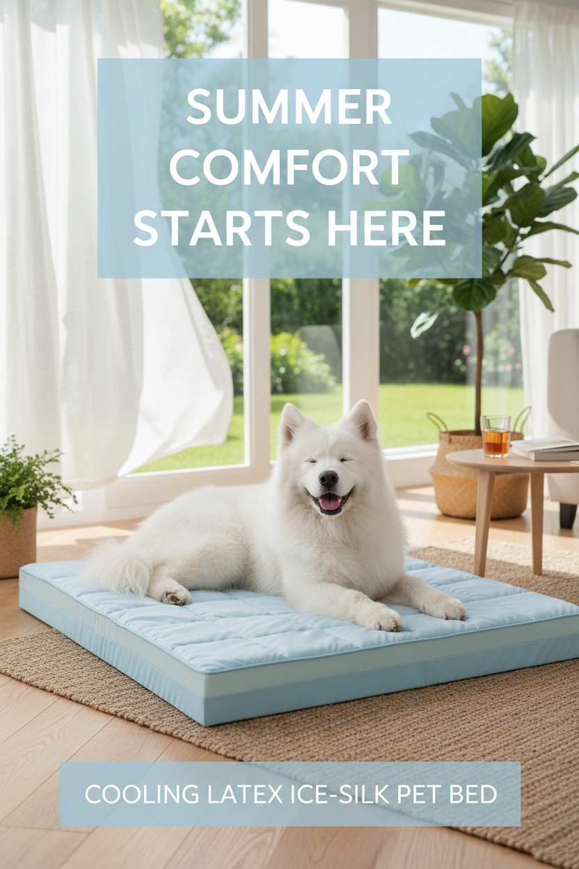Happy white dog relaxing on a cooling latex ice-silk pet bed